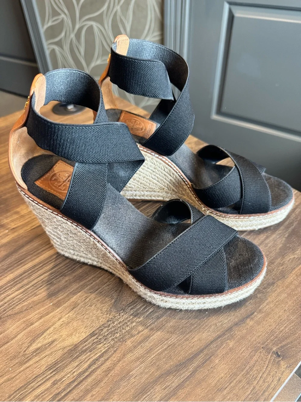 Tory Burch Black Espadrille Wedge Sandals with Elastic Straps 7